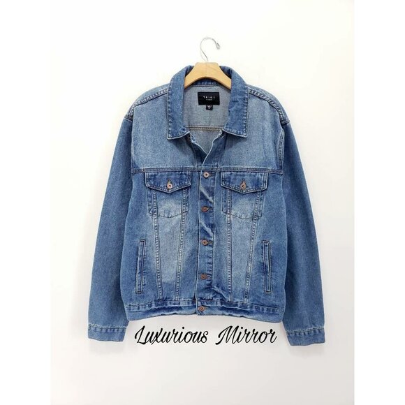 Triot Los Angeles Jean Jacket Faded Denim Blue Button Pockets Collar Mens XL New - Picture 1 of 8